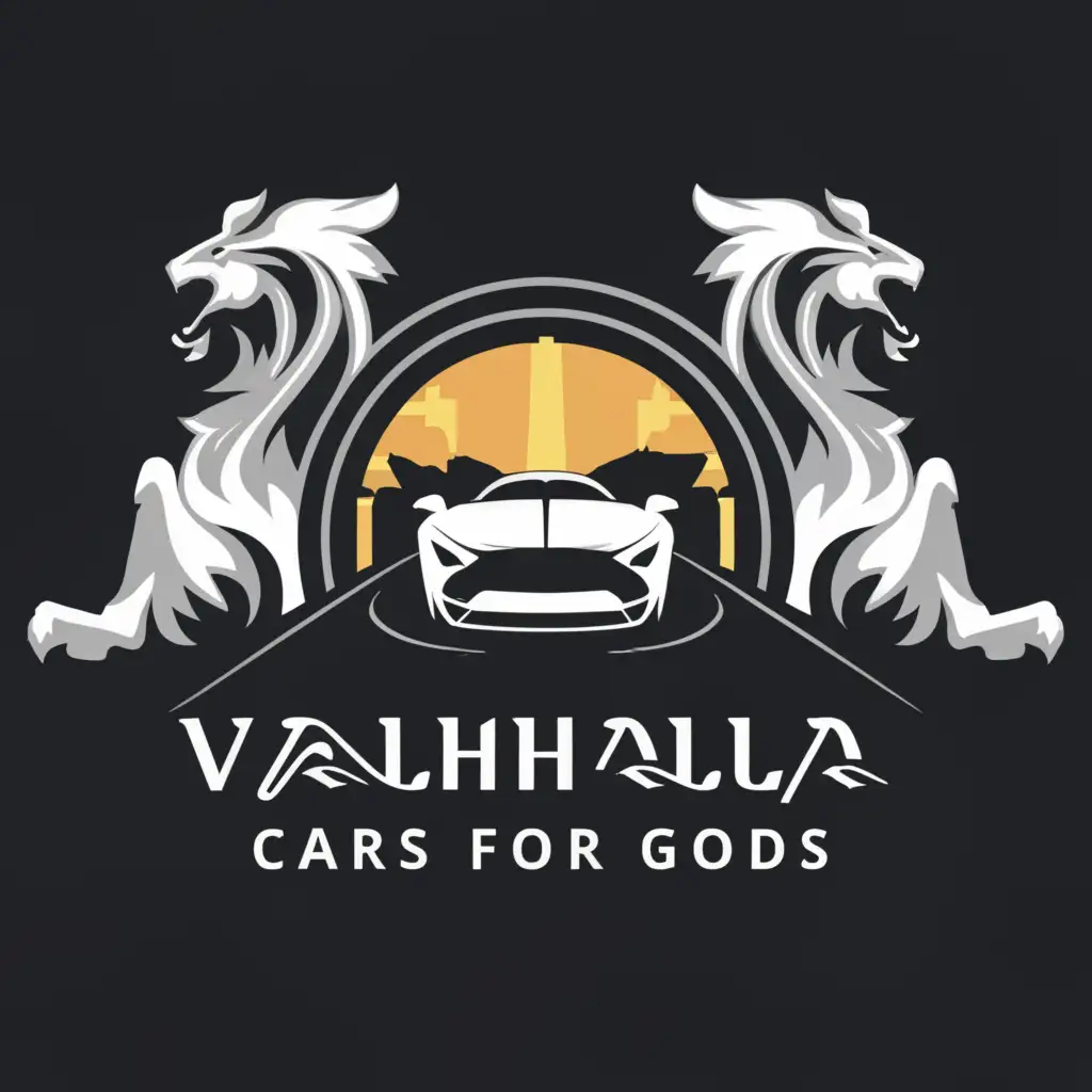 a logo design,with the text "Valhalla Auto Cars for Gods", main symbol:Sports car, Heaven's Gate,Minimalistic,be used in Automotive industry,clear background