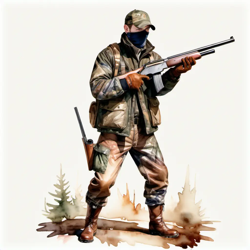 Hunter, short shotgun, wearing camo, brown gloves, full body, face hidden, watercolor