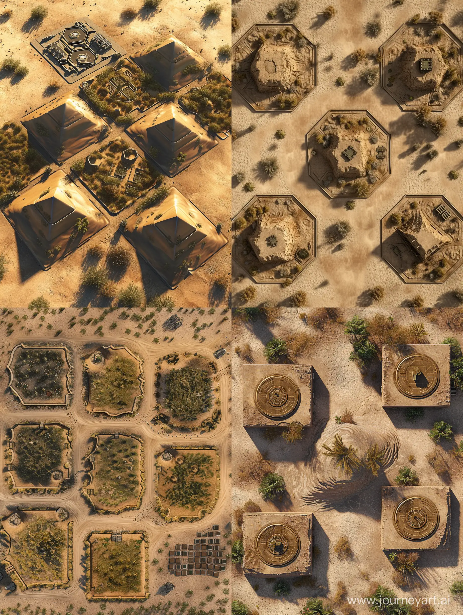 поле для настольной игры, на котором шесть плато разной формы в пустынной местности с небольшой растительностью, военная база, вид строго сверху 