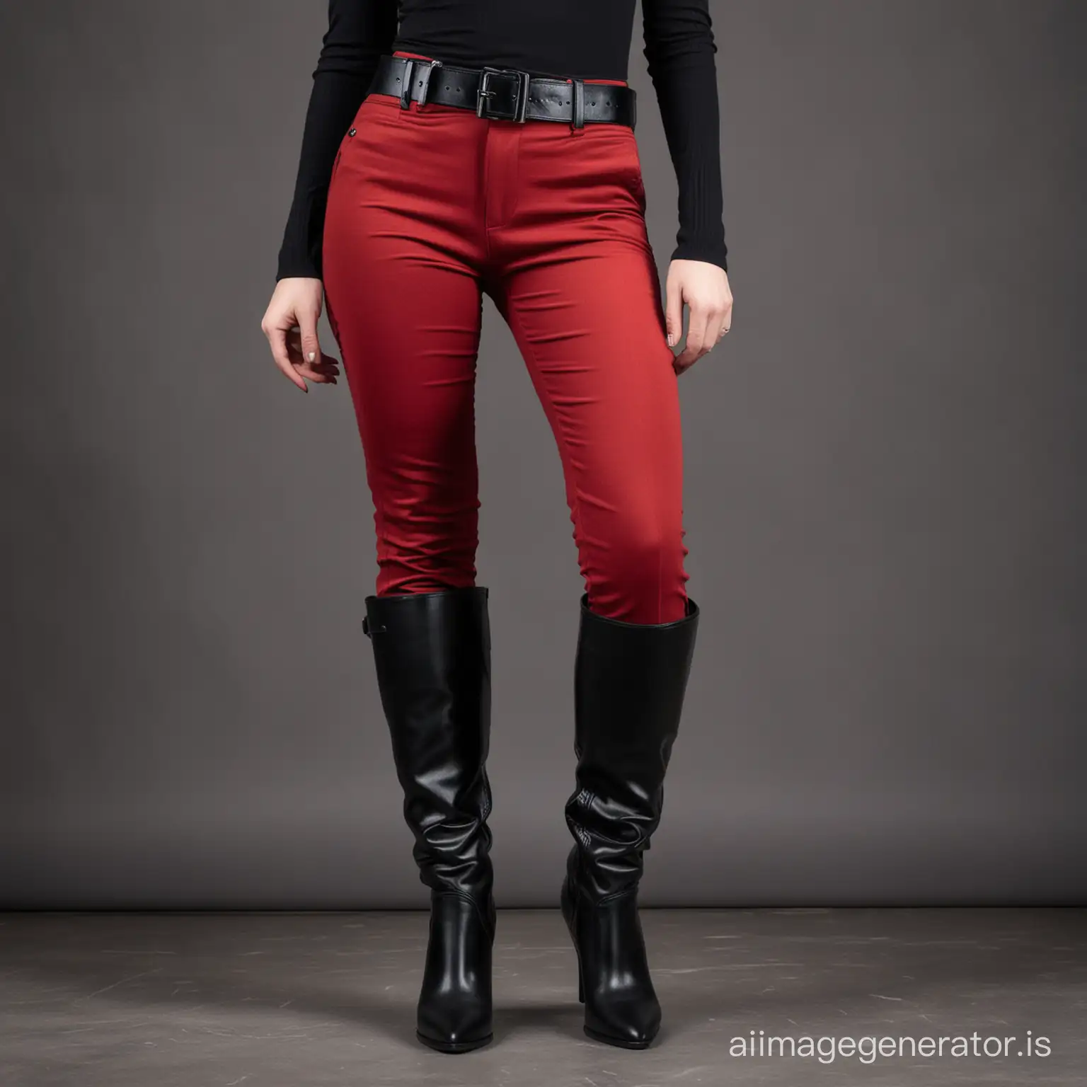 closeup on a lady in red textile pants with belt, tight black knee high boots, standing tall