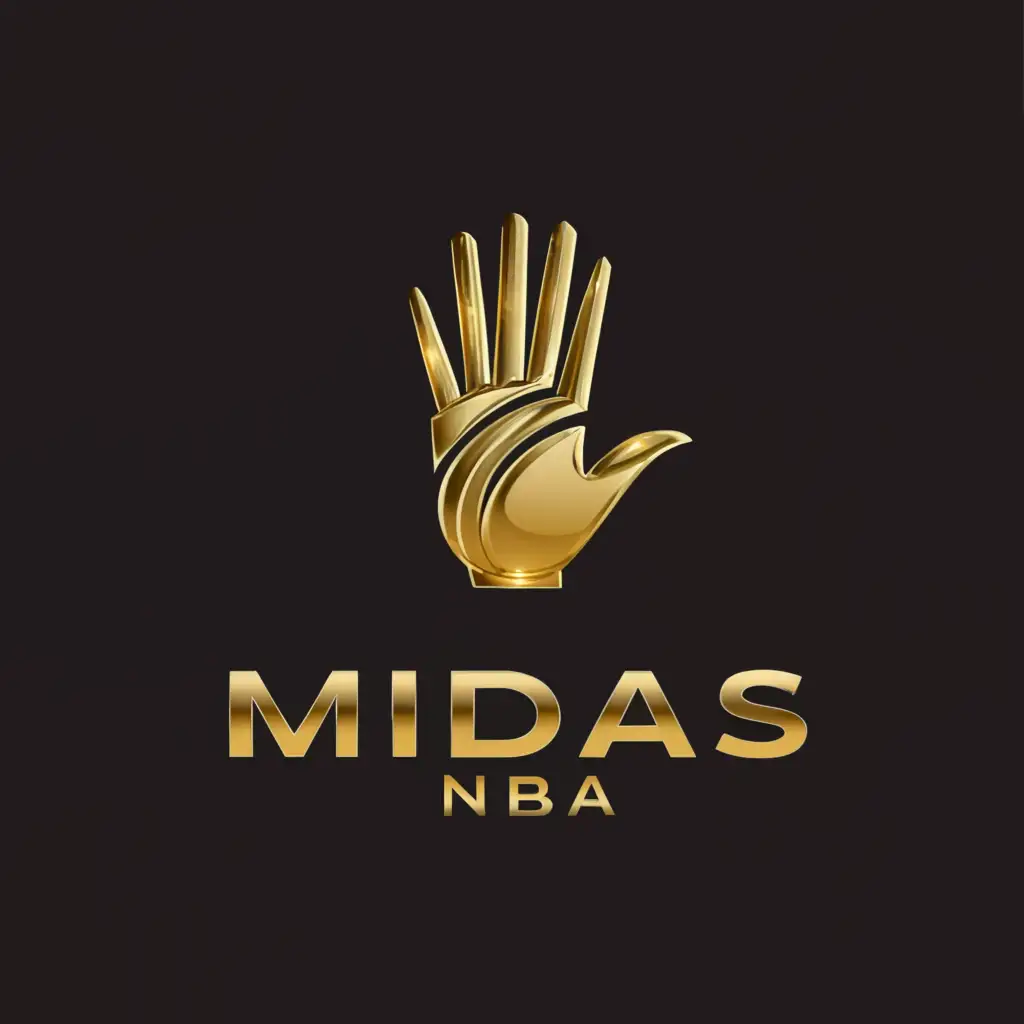 a logo design,with the text "Midas
NBA
", main symbol:A Gold hand holding a basketball, 5 fingers, black background.,Moderate,be used in Sports Fitness industry,clear background