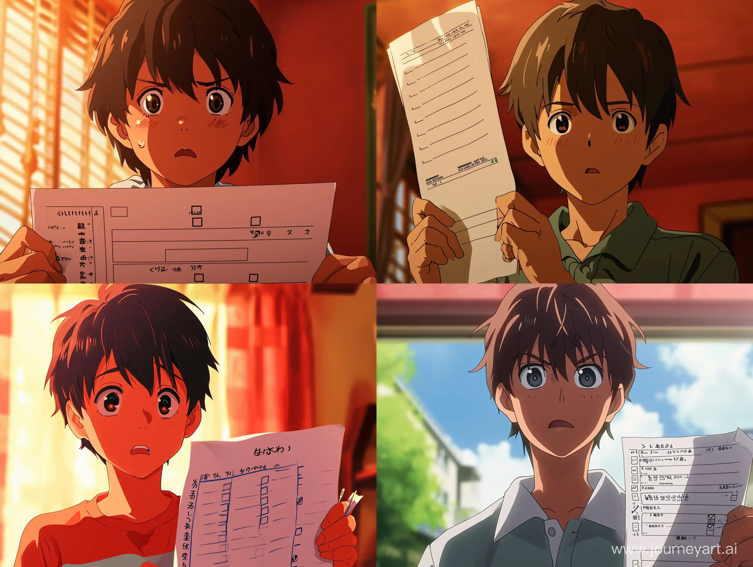 an anime scene, close shot of a boy hold a test paper, there is low score on the test paper, focus on the test paper, best quality, slightly reddish background --ar 4:3 --v 6