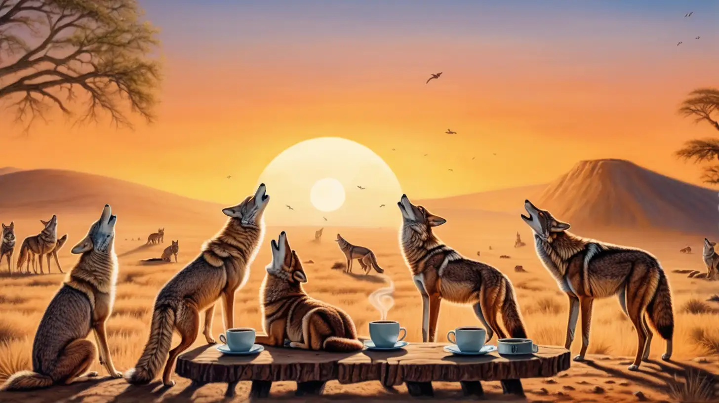 coyotes drinking coffee, others howling on the back ground at sunrise in a coffee land scenario 
