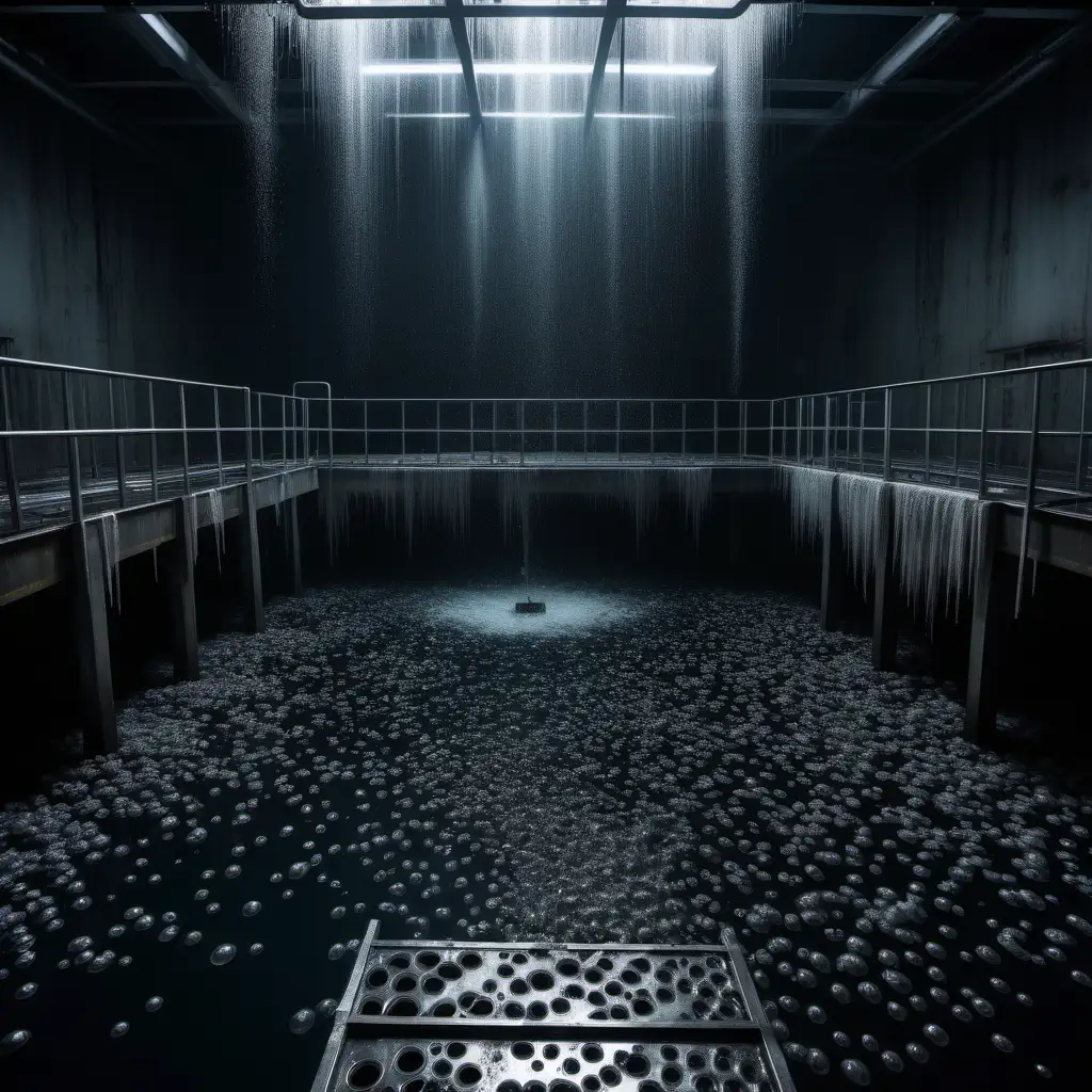 A large dark body of water surrounded by a grated metal platform inside of a dark laboratory. The surface of the water is disrupted by lots of bubbles and thrashing tentacles 