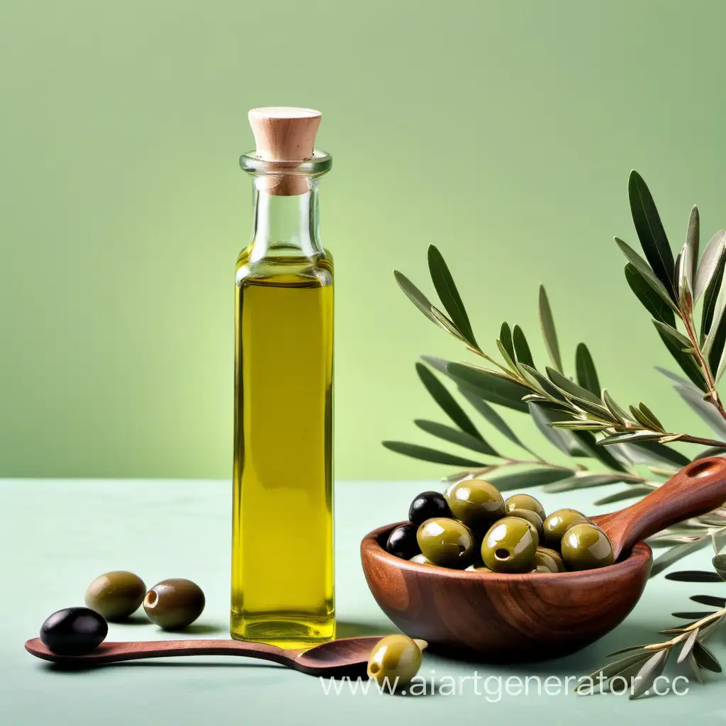 Бутылка оливкового масла стоит на светло зеленом фоне, рядом лежит деревянная ложка с маслом и оливки, сзади стоят ветви оливы