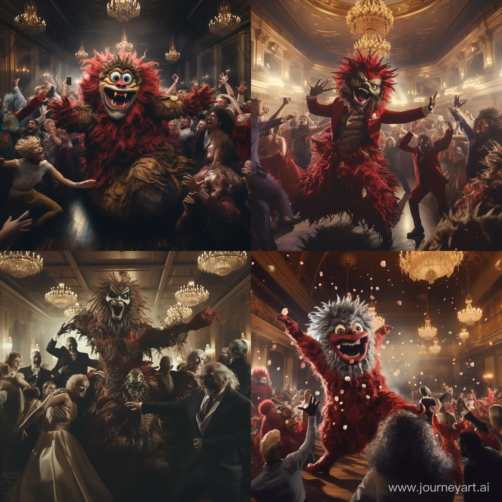 Monsters crash a formal ball and take over, Photojournalism, Shot on 70mm, Supplementary-Colors, 2.5D, 4k, Ballrooms, Powerful, dramatic Lighting, Mythical humanoids, anthropomorphic monsters, Ballroom--ar 2:3