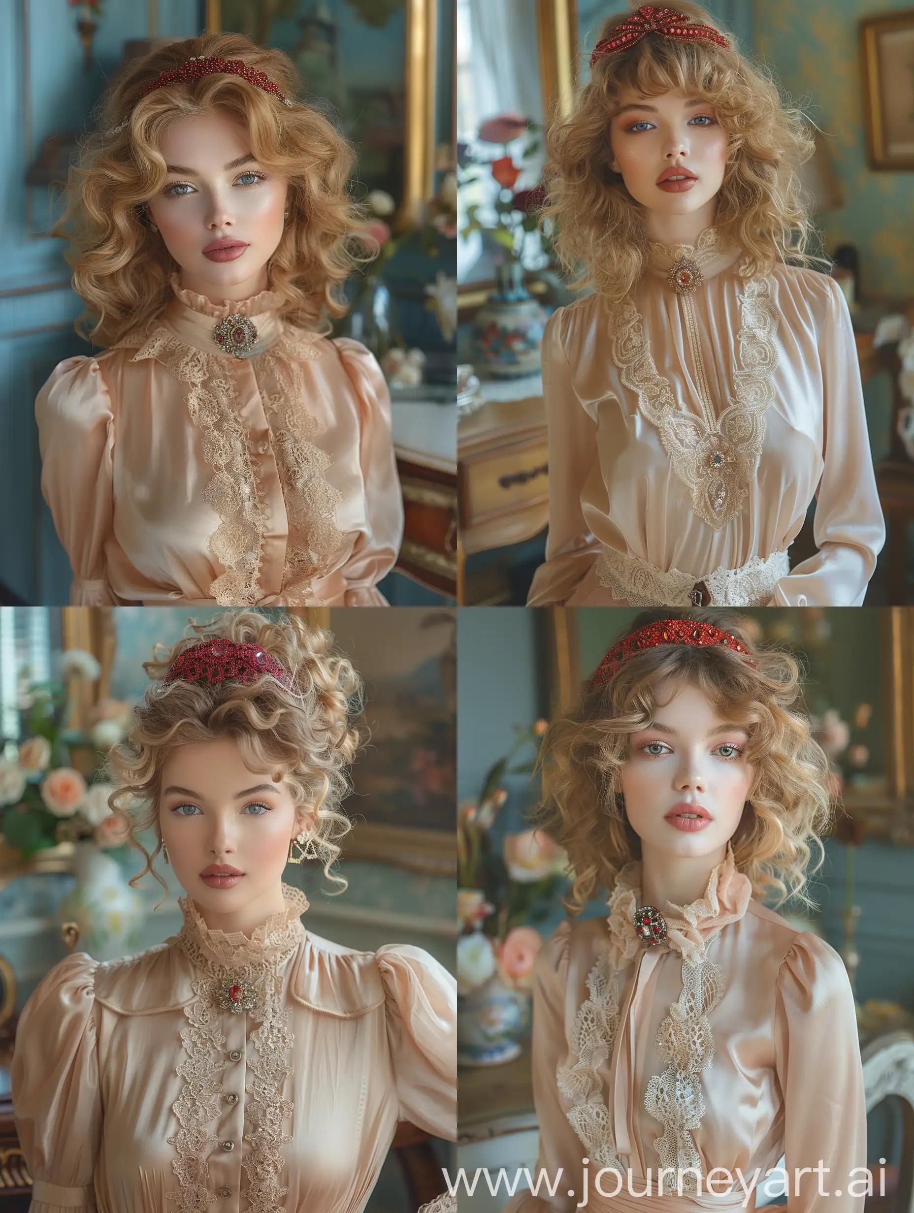 Glamorous-Woman-with-Gemstone-Headband-and-Silk-Blouse-at-Dressing-Table