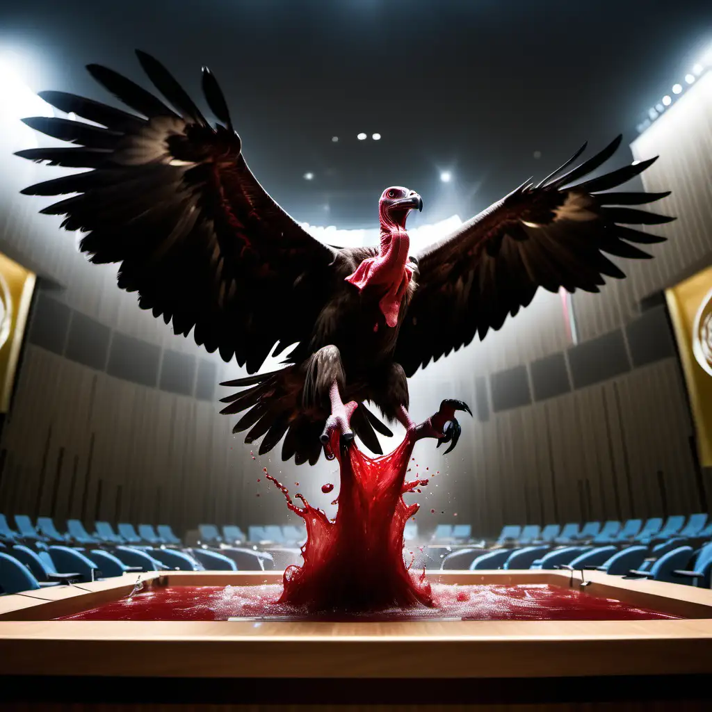 Imagine a vulture who voting in the UN Council while red water gushes every where , low angle view , dark atmospher