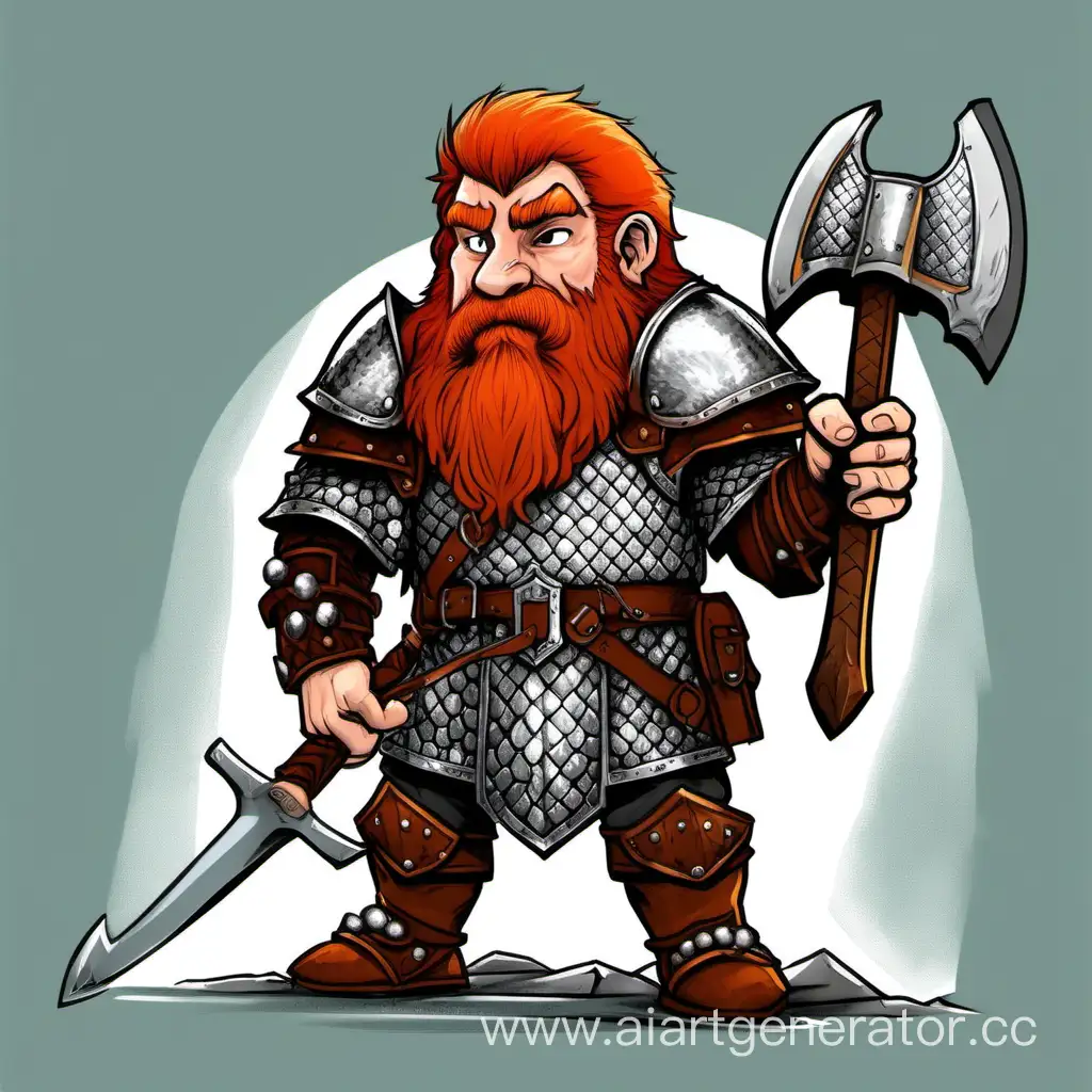 Draw a red-haired paladin dwarf wearing chainmail and wielding a two-handed axe. On his head he has a bangs