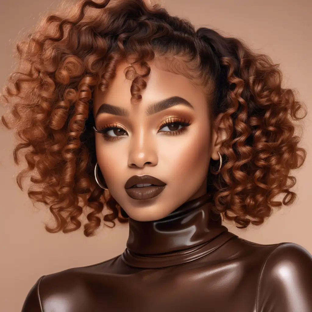 A beautiful dark brown skin black woman wearing ginger colored curly hair.  Modeling a chocolate brown turtleneck. Wearing a soft pretty makeup look. Wearing a dark chocolate brown lip gloss