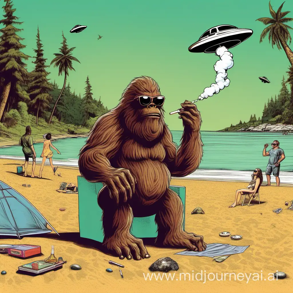 Chill Bigfoot Enjoying Beach Sunset with UFOs