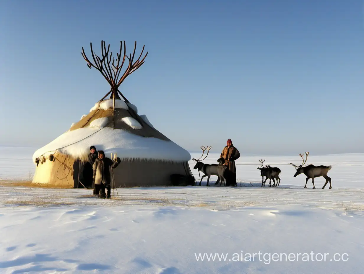 Reindeer-Herders-in-Winter-Steppe-with-Traditional-Dwelling