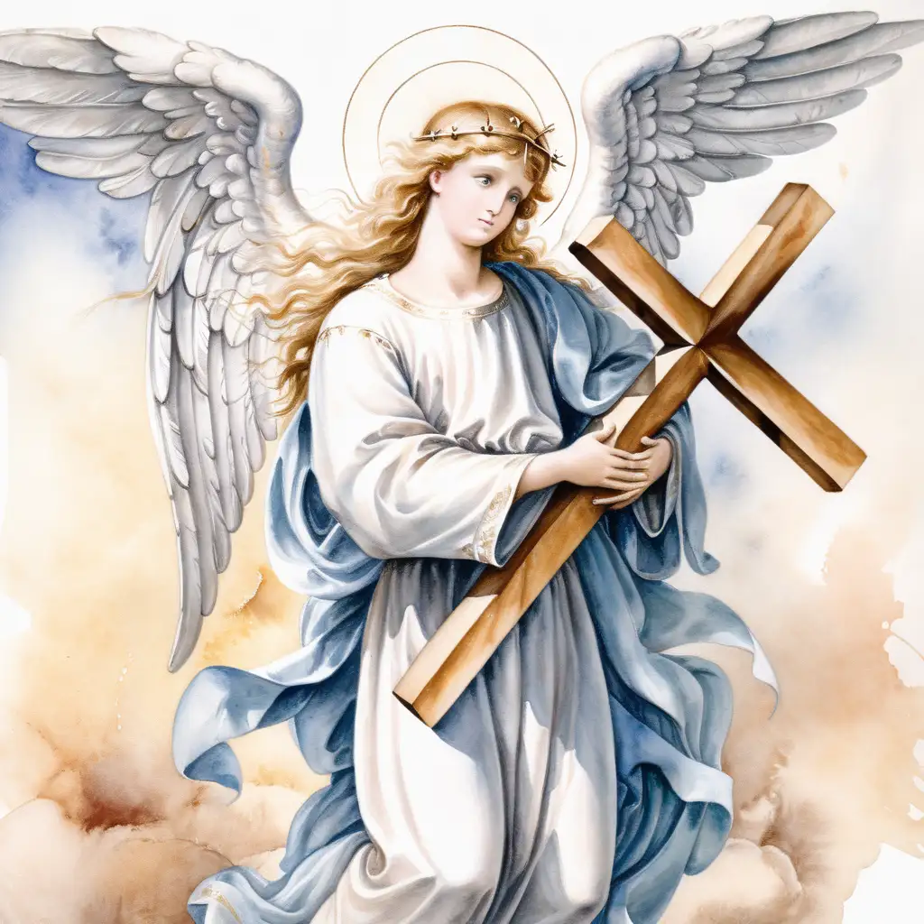 Graceful Angel Embracing a Majestic Cross in Watercolor Splendor