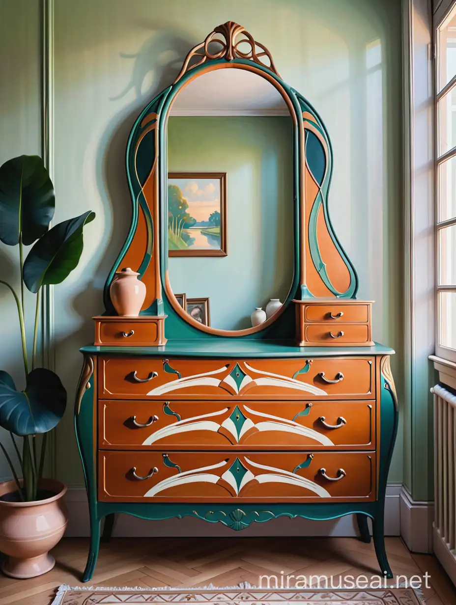 Art Nouveau Style Dresser Painting with Floral Motifs