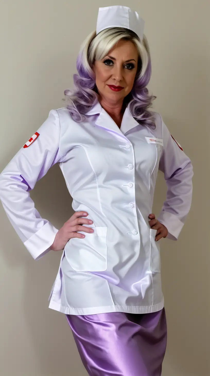 girl in long  white satin nurse uniforms and  milf mothers long blonde and lila hair 