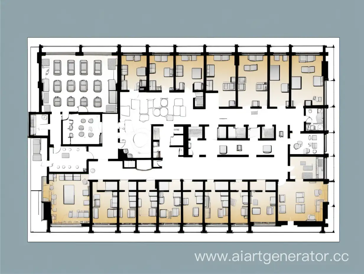 Office layout plan with office furniture, a small cafeteria, toilets, and restrooms.