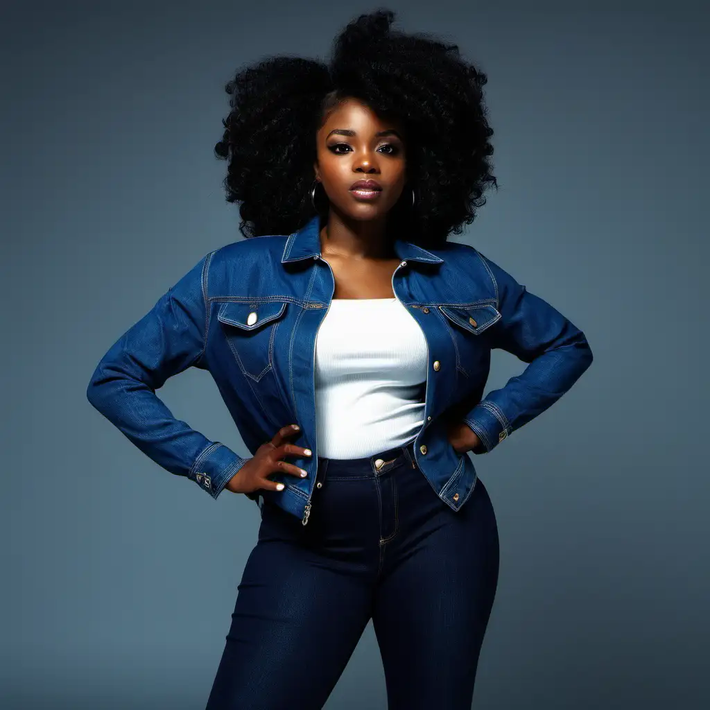 black woman with blue jacket on and jeans