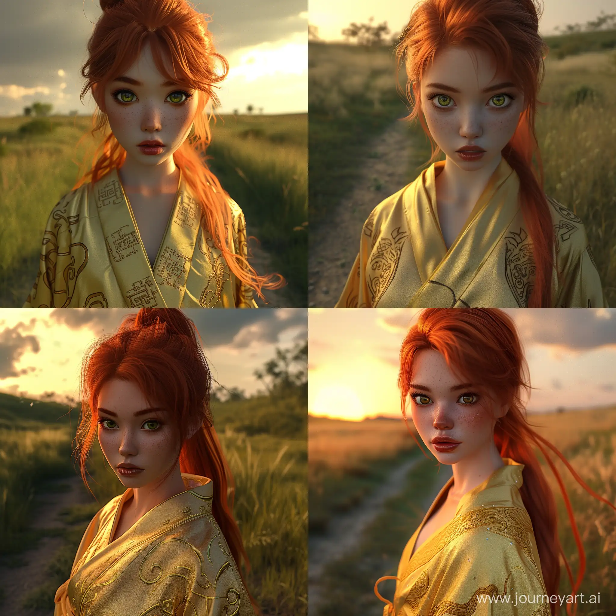 (masterpiece), (extremely intricate:1.3), portrait of a girl, the most beautiful artwork in the world, cinematic lighting, octane render, unreal engine, standing outside aon a dirt path under the gorgeous noon sky with a full sun, volumetrics dtxa portrait photography of a gorgeous red haired Asian woman with beautiful detailed brown colored eyes wearing a silky yellow Asian inspired warriors robe with intricate designs, tan skin, long length beautiful auburn full hair in a ponytail, beautiful detailed brown colored eyes, symmetrical eyes, gorgeous makeup, glossy lips, standing in a grassy field, looking at viewer, attractive, flirting, detailed skin, highly detailed, hyperrealism, cinematic lighting, dark studio, rim lighting, two tone lighting, dimly lit, low key, 8k, ultra high definition, beautiful, amazing, stunning, Asian woman, brown skinned woman, absolutely gorgeous stunning art, best art ever, close-up, very detailed, beautiful large baby doll eyes, vibrant beautiful colors, green eyes