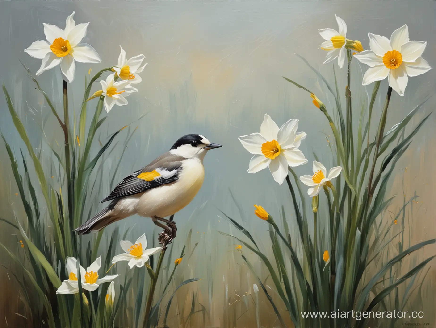 Vibrant-Oil-Painting-of-Narcissi-and-a-Bird-on-a-Mahlstick