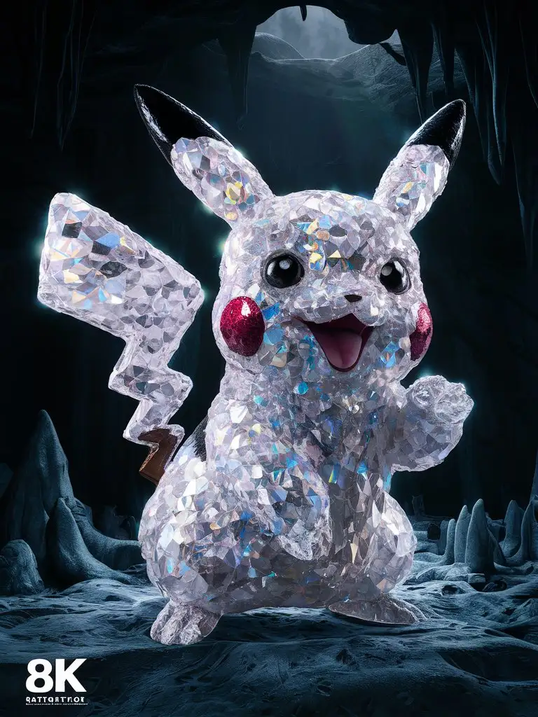 Pikachu made of crystals ,8k,3d,realistic,fantasy art,colourful,insanely detailed,hd, crystallified pikachu,