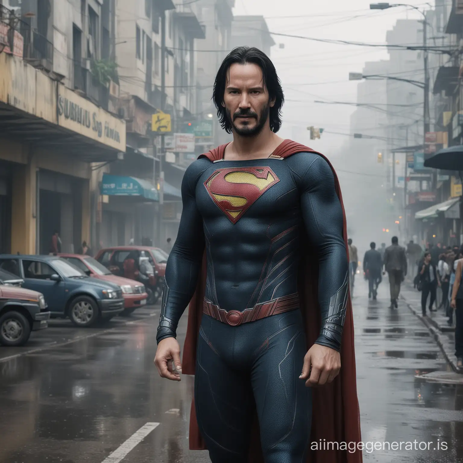 Keanu Reeves as Superman on a Foggy Brazilian Street | AI Image Generator