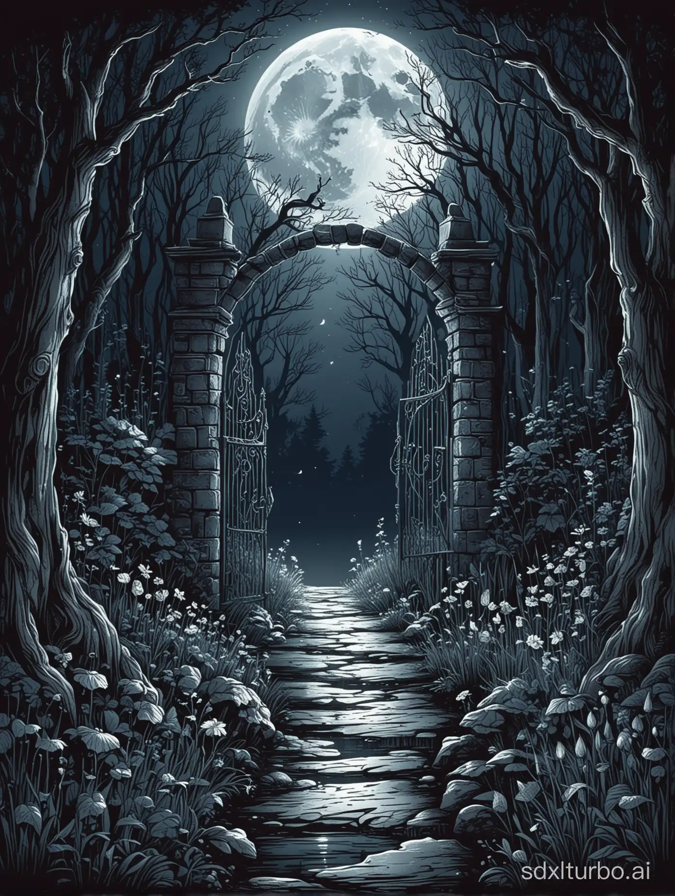 The entrance to the mysterious garden, moonlight reflecting, werewolf, fairy tale, hand-drawn, simple