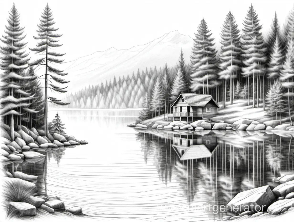 реалистичная картина высокого качества максимально детализированная природа (озеро, елки, сосны) на берегу лесная избушка на белом фоне в стиле карандашной графики