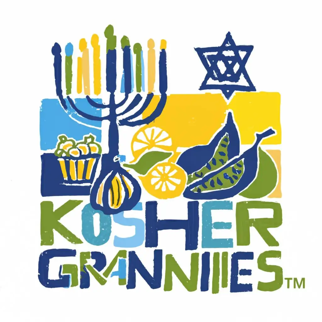 logo, Israel, yellow, blue, white, green, Menorah, Paul Klee, fig, lemon, jewish granny, tablecloth, with the text "Kosher Grannies", typography, be used in Automotive industry