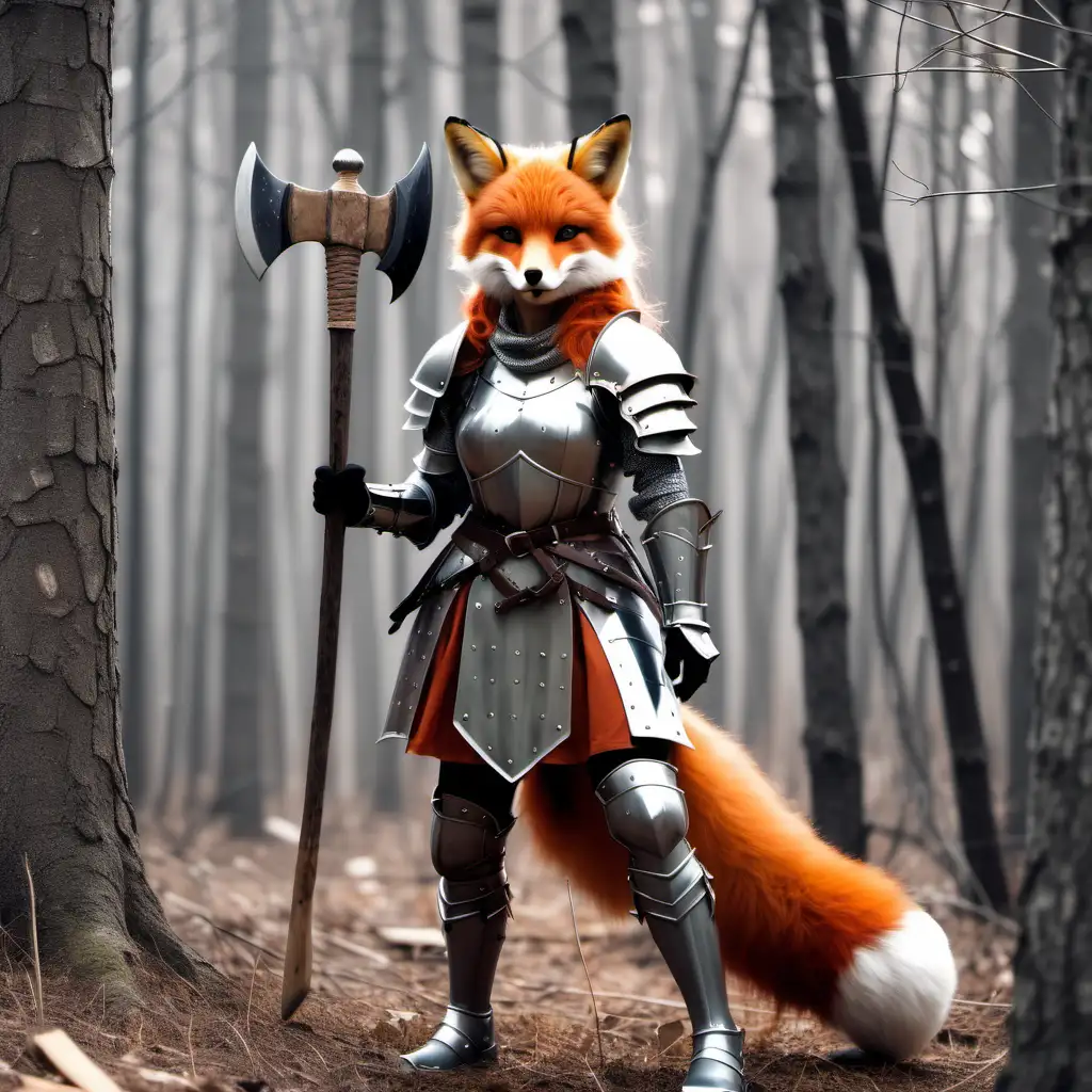 Daytime Forest Encounter Fluffy Fox Woman Knight with Axe