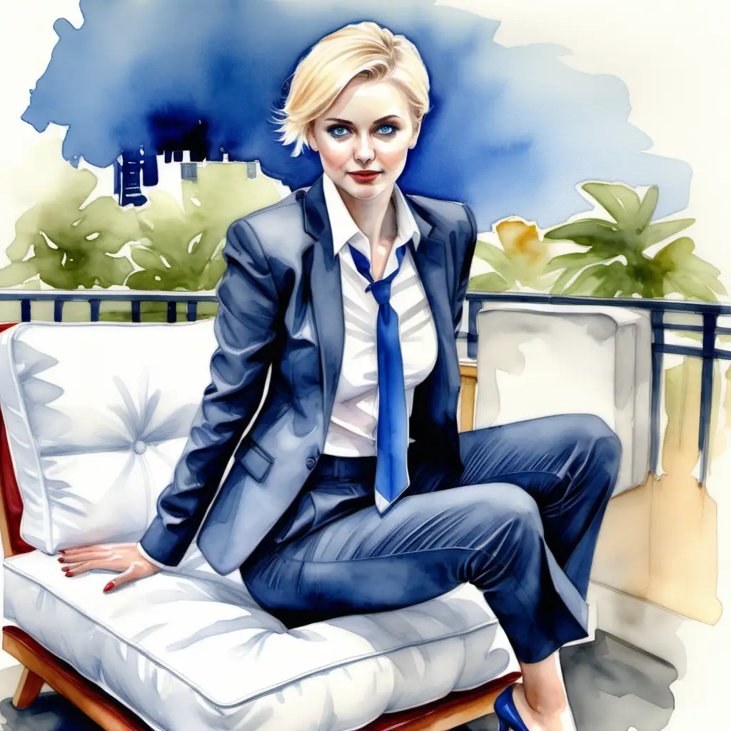 Elegant German Blonde in Blue Attire Gracefully Engaging with Cushion in Backyard Watercolor