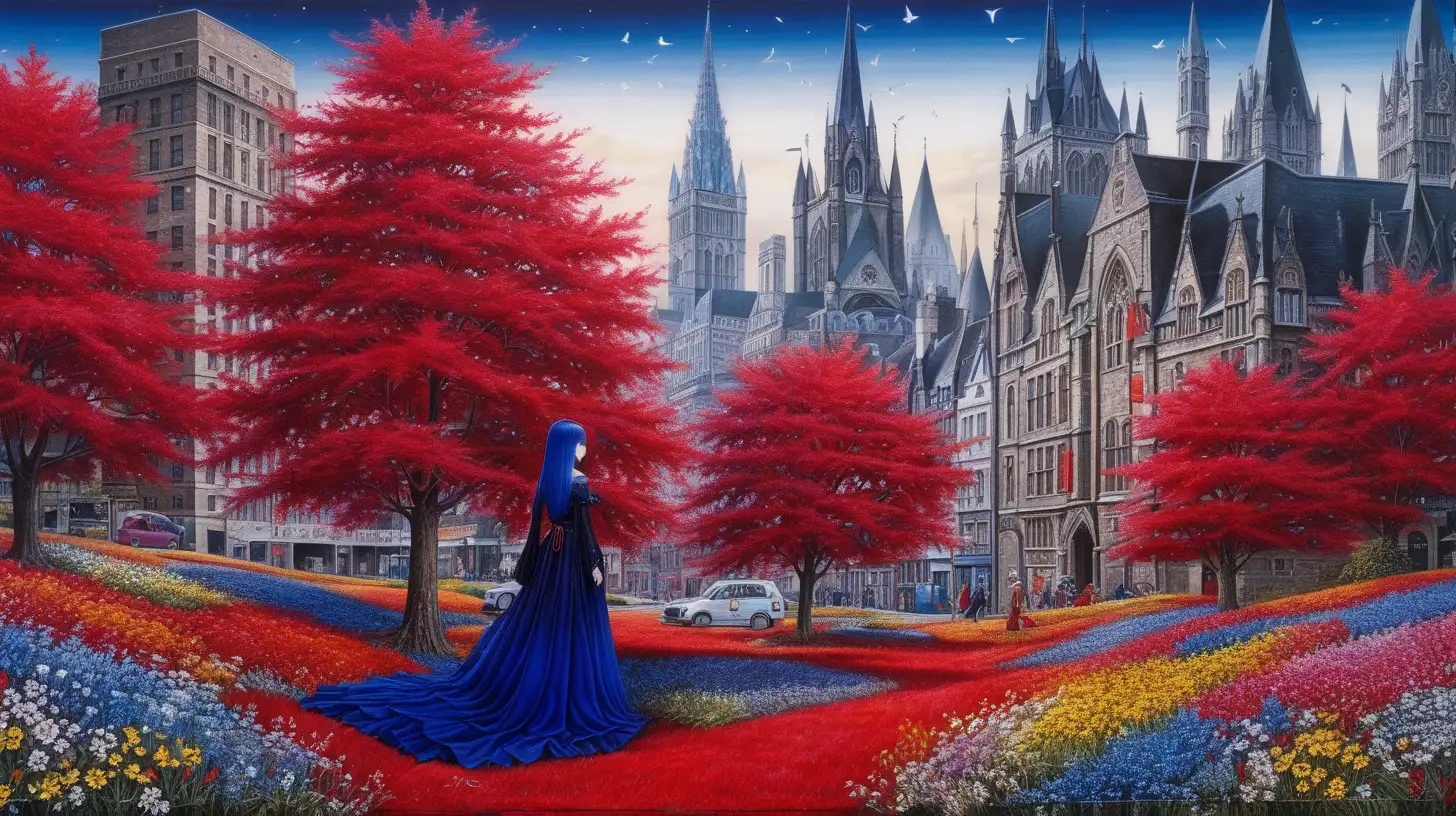 onal colors, gothic, bohemian, art by Tetsuya Nomura, magic, ruby red, sapphire blue, bustling city, goldsworthy art, wildflowers, 