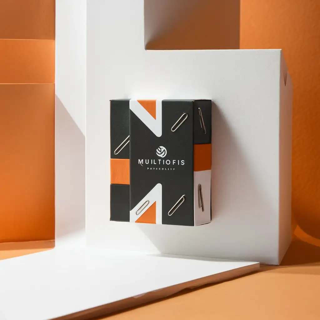Simple but aesthetic paperclip box with black and orange shapes on the white box, vector design with multiofis logo
