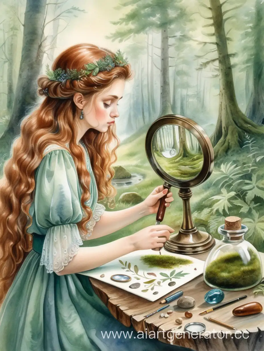 Enchanting-Forest-Scene-Slavic-Woman-Examining-Stone-with-Magnifying-Glass