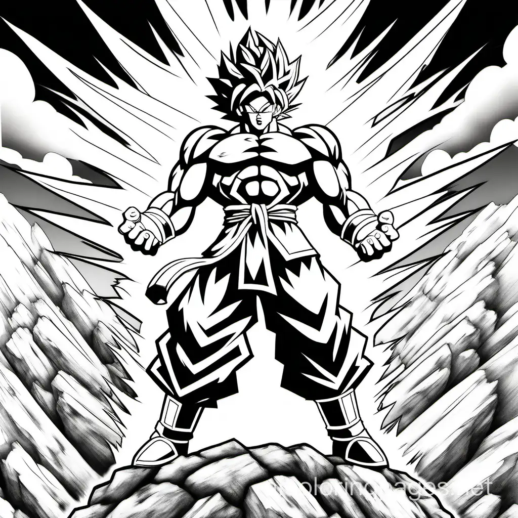 Dragonball Broly is powering up. He has an X on the left side of his chest.He is standing on a rock. There is fire behind him., Coloring Page, black and white, line art, white background, Simplicity, Ample White Space. The background of the coloring page is plain white to make it easy for young children to color within the lines. The outlines of all the subjects are easy to distinguish, making it simple for kids to color without too much difficulty
