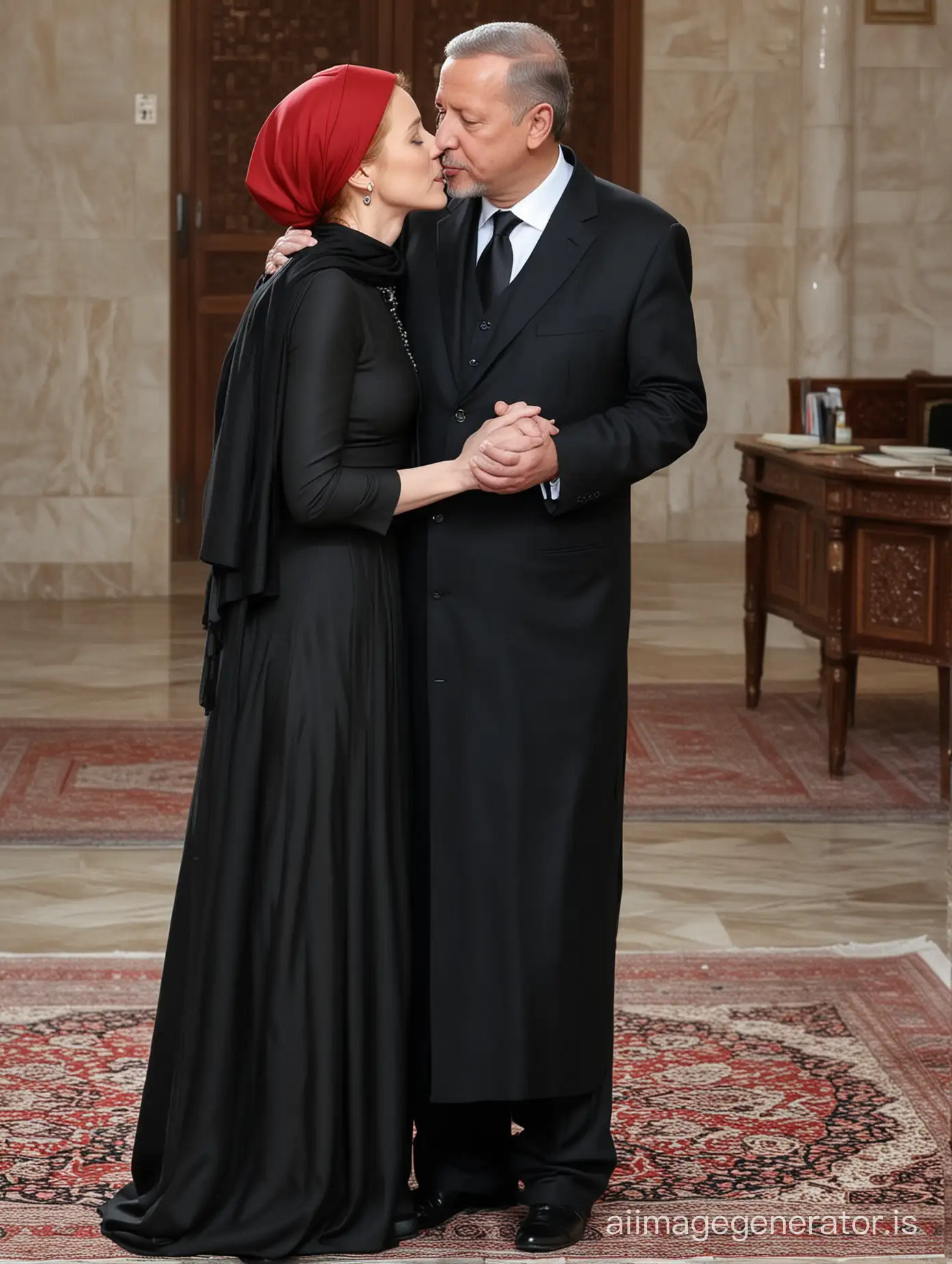 red haired Gillian Anderson alone with President Erdogan, he asked Gillian to dress accordingly to his Muslim faith and wear a floor-length black oversized jilbab with long black hijab while he is kissing her tenderly