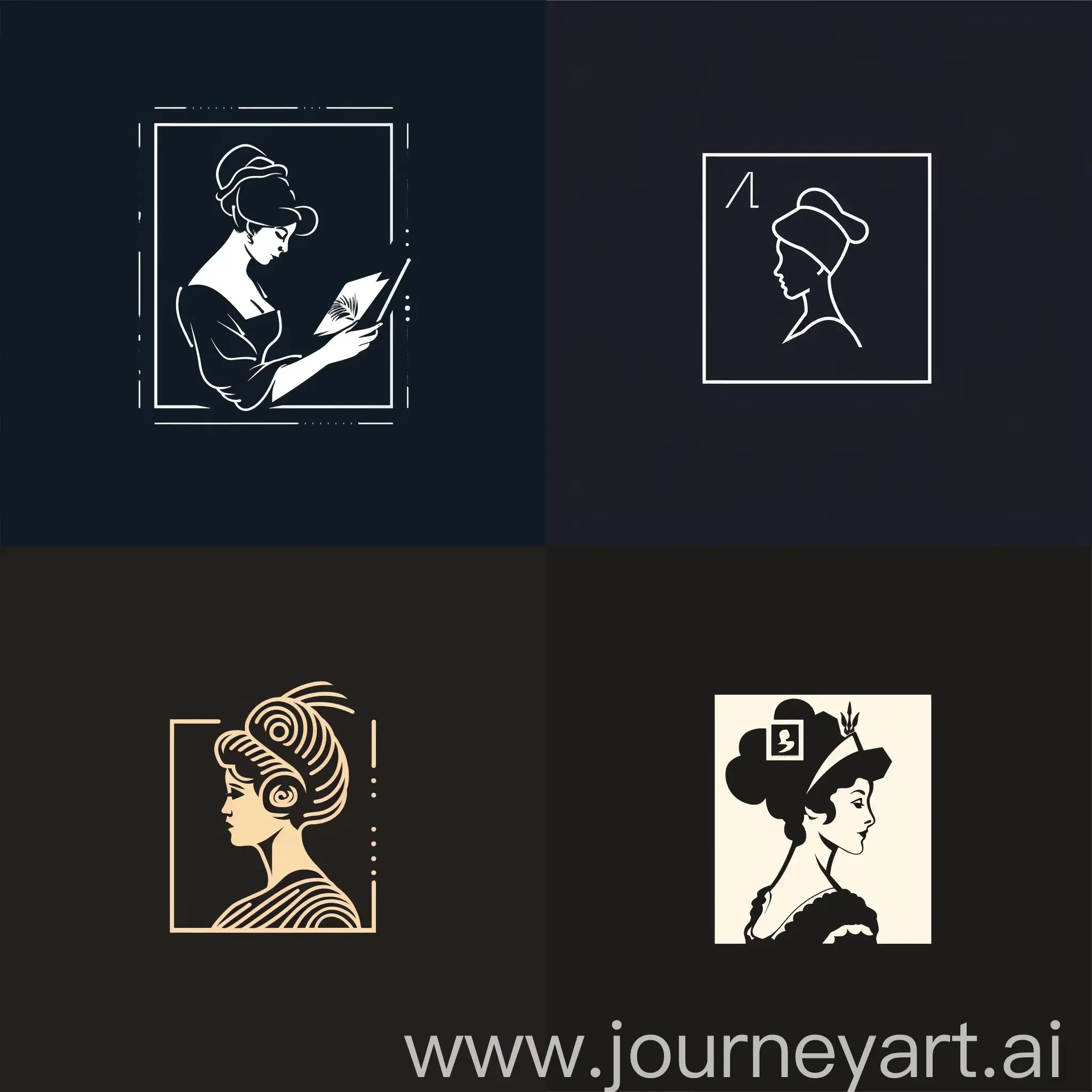 Minimalistic logo for aplication, icon, square, scratch, victorian Countess women working in typography