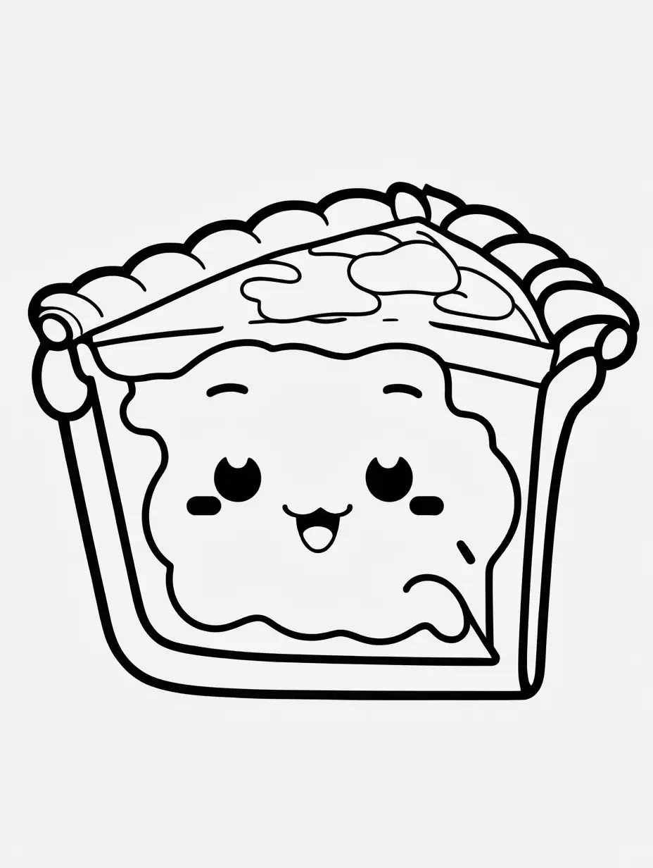 coloring book, cartoon drawing, clean black and white, single line, white background, large cute pie slice, emoji