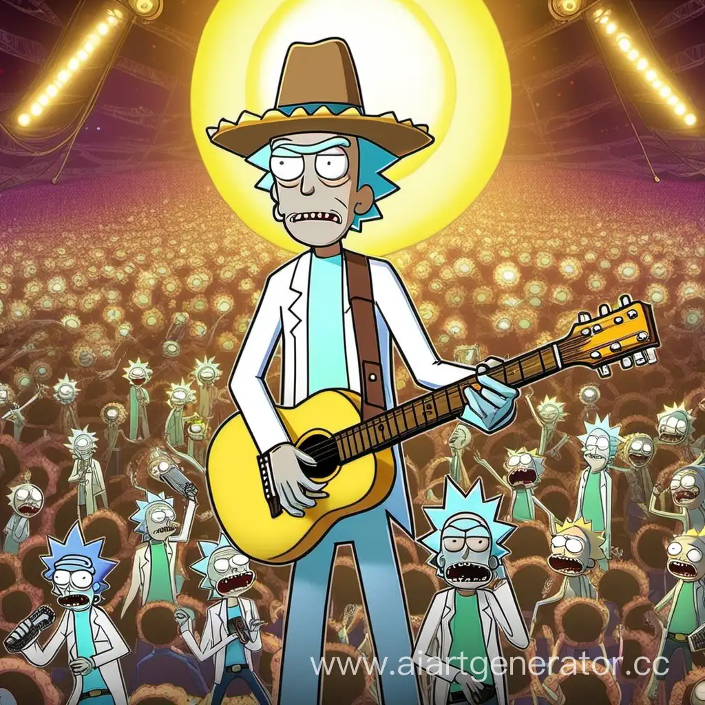 Rick-Sanchez-Performing-with-Guitar-and-Sun-Hat-on-Mortys-Head