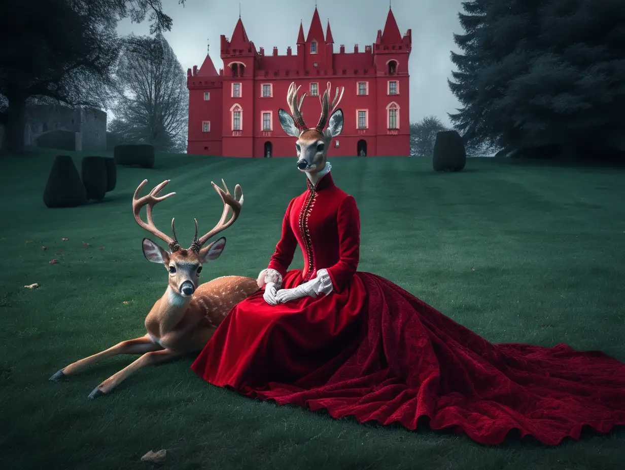a roe deer in an expensive red dress of the 19th century lies on the grass of the garden, with a red castle in the background, in the style of demonic photograph, post processing, silence, detailed costumes, monochromatic minimalist portraits, ghostly presence, traditional costumes, Magical, mystical award winning photograph, in the style of Remedios Varo, , digital painting ::-0.3 Barbouillage, Shot on 17. 5mm, 85mm Lens, DSLR, F/ 22, ND - Filter, ultra quality, highly detailed, unreal engine, volumetric lighting, ominous, dramatic, horror background, octane render. ::1 , —ar 16:9