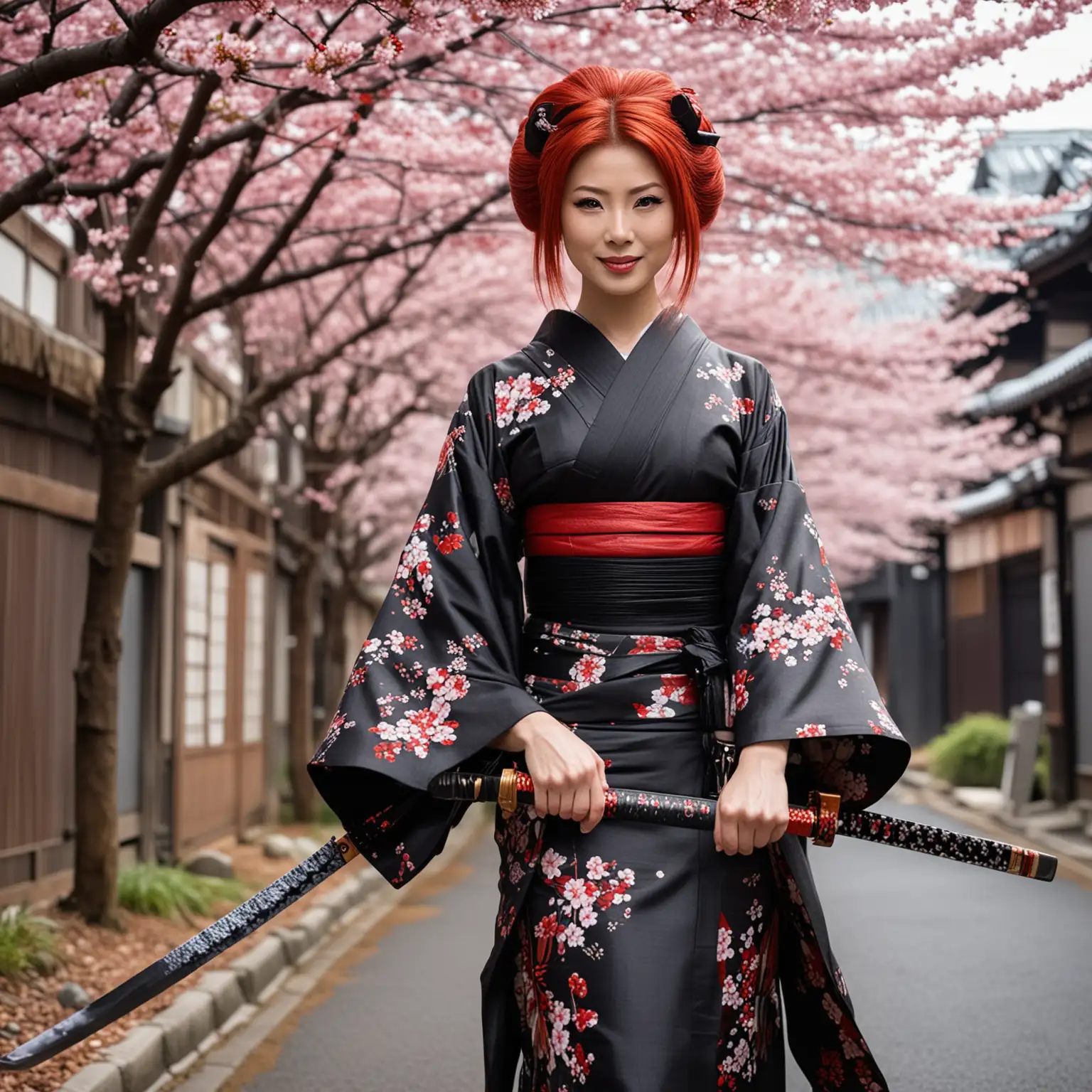 A 45 year old futuristic geisha, who is also a master swordswoman. She is dressed in a carbon fibre kimono. She is in the streets of Neo Edo, with blossom all over the ground. She has red hair, looks confident, with a killer smile