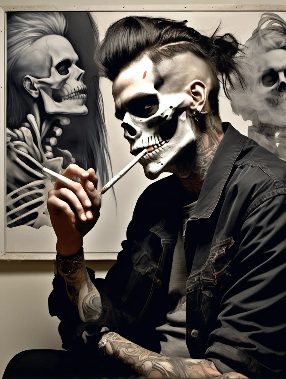 a man, with long hair pulled up into a high messy bun and an undercut, smoking a cigarette, wearing punk rock clothing, looking at a painting of himself with a head as a skeleton, who is also smoking a cigarette