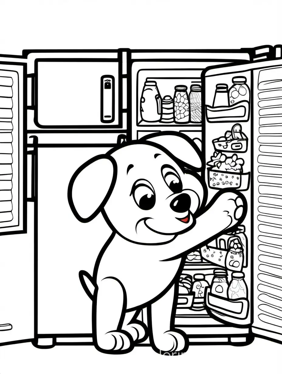puppy opening fridge. white background in png form, Coloring Page, black and white, line art, white background, Simplicity, Ample White Space. The background of the coloring page is plain white to make it easy for young children to color within the lines. The outlines of all the subjects are easy to distinguish, making it simple for kids to color without too much difficulty
