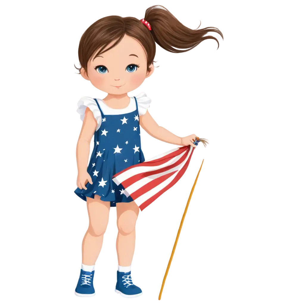 Adorable-Clip-Art-PNG-Brunette-Baby-Girl-in-4th-of-July-Dress-with-Ponytails-and-a-Kitty