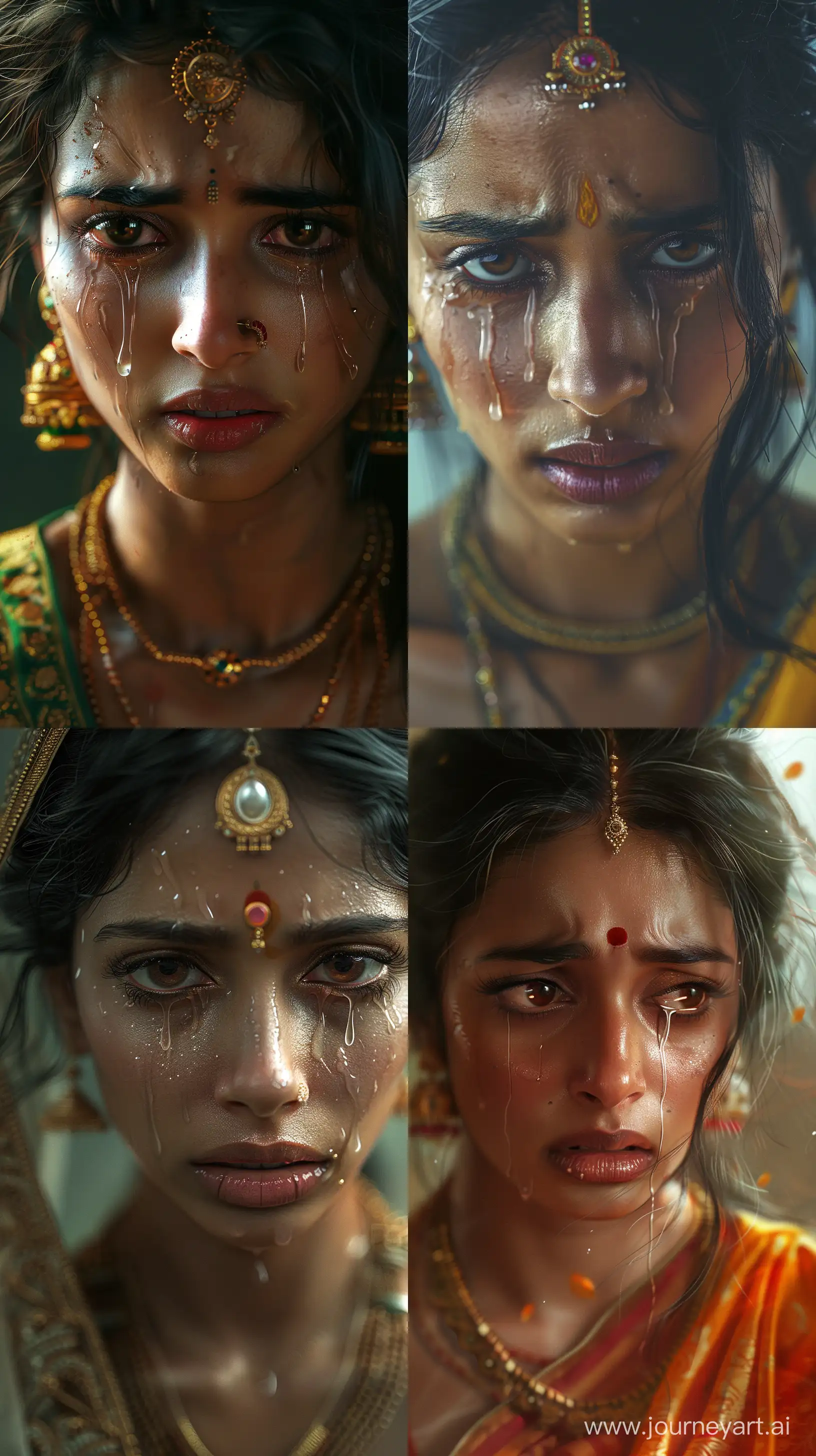Realistic images depicting a beautiful Indian woman with a sad and shocked expression on her face, she's sad with tears, close-up image, serene background, intricate details 8k qual --ar 9:16