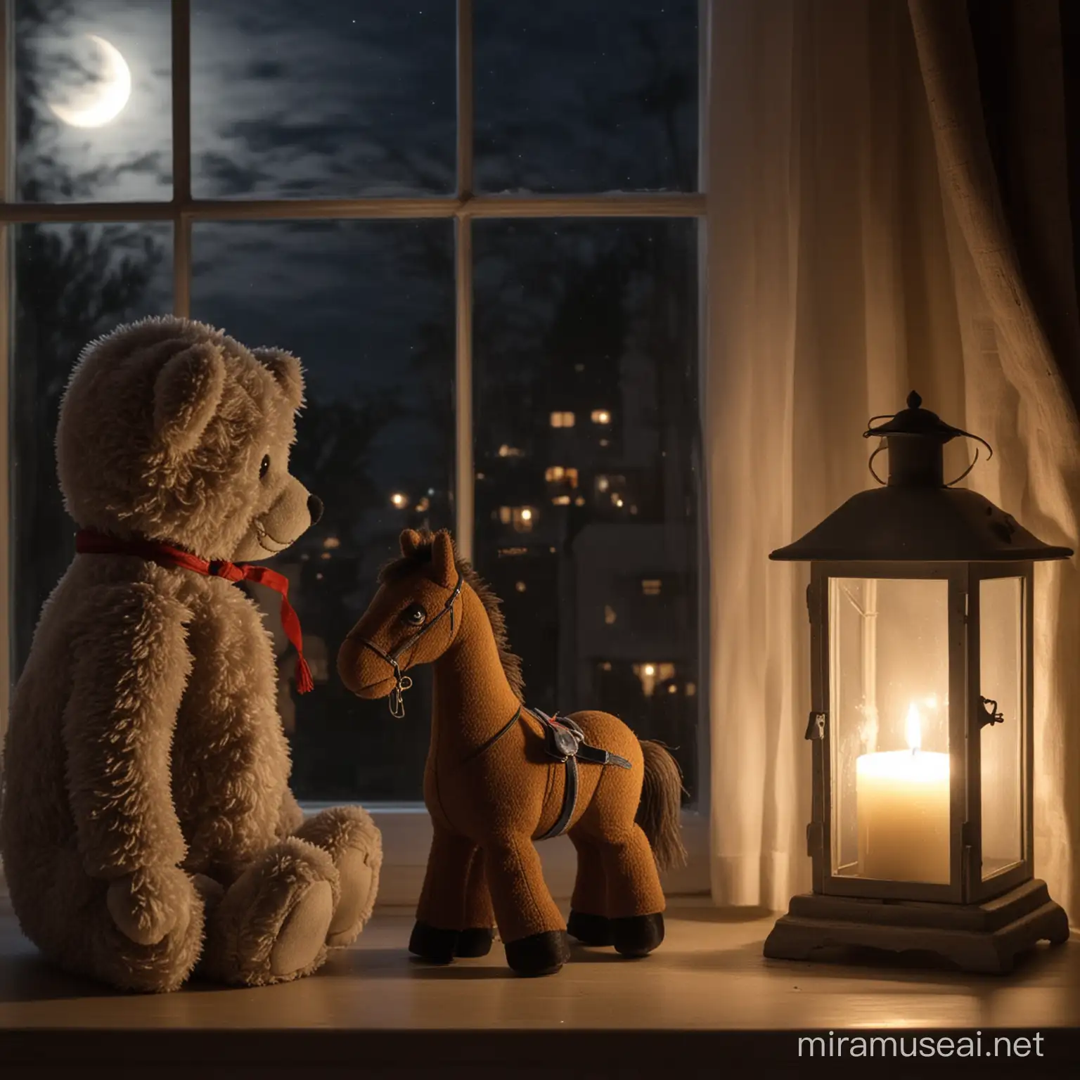 Nostalgic Teddy Bear by Candlelight with Toy Horse Under Moonlit Night