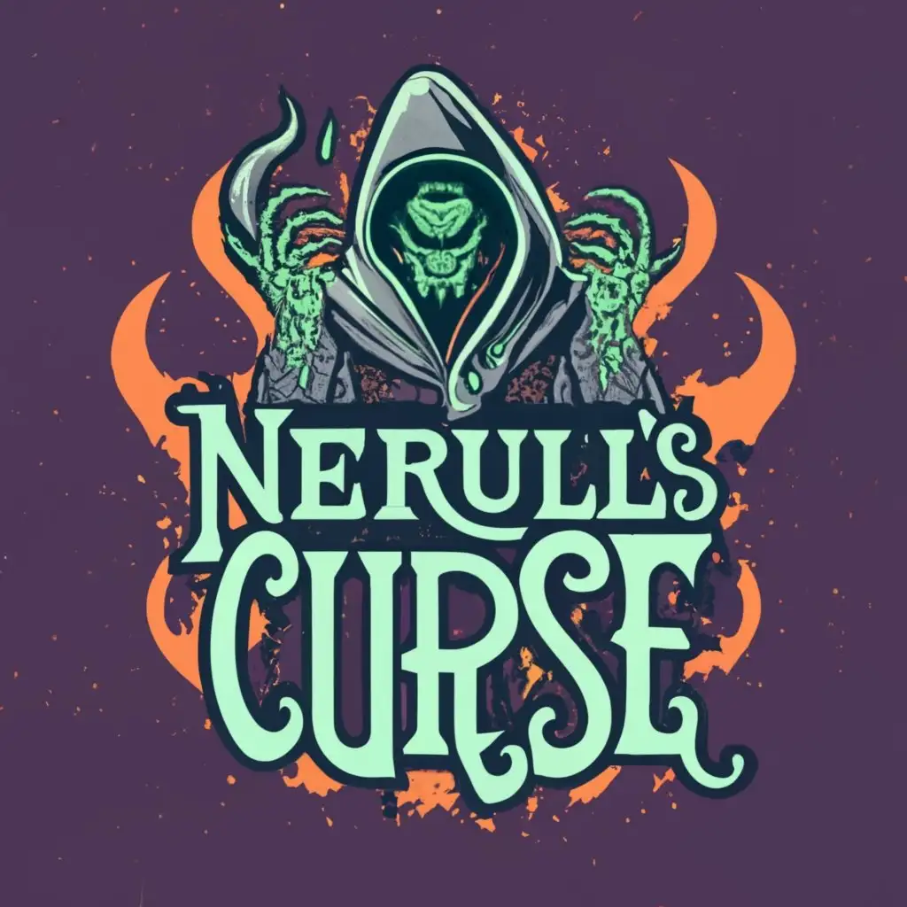 logo, Dark sorcerer, with the text "Nerull's Curse", typography