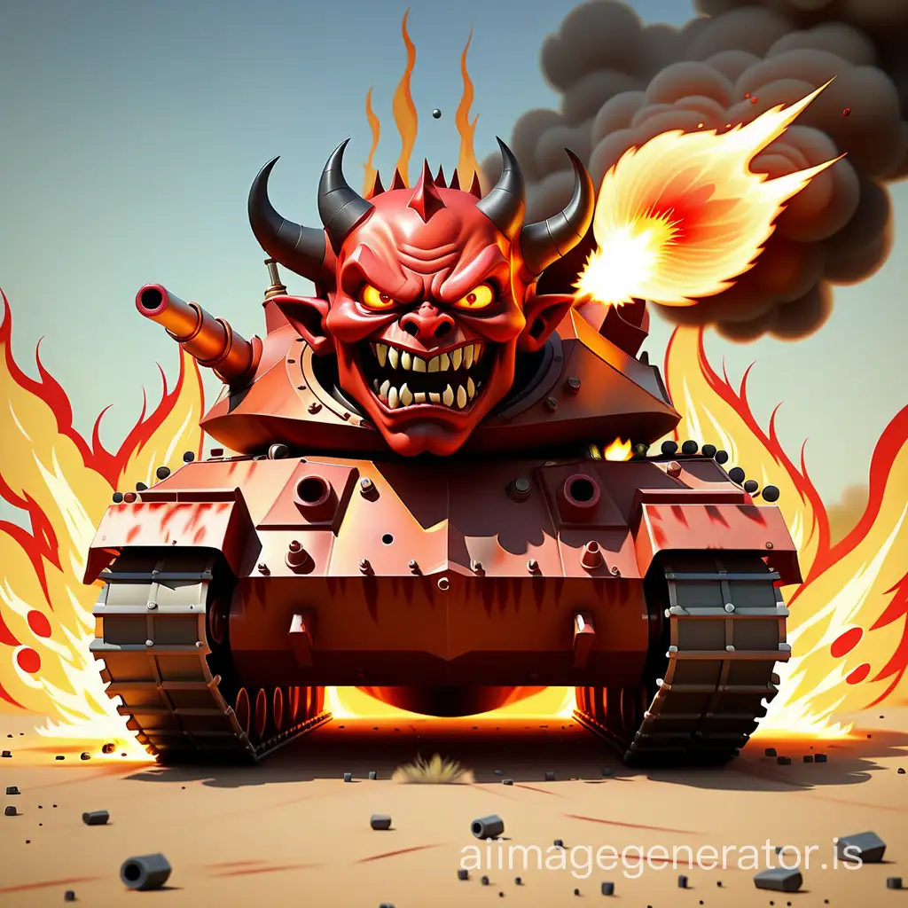 Devil in a flaming tank that fires a shot and the projectile is visible