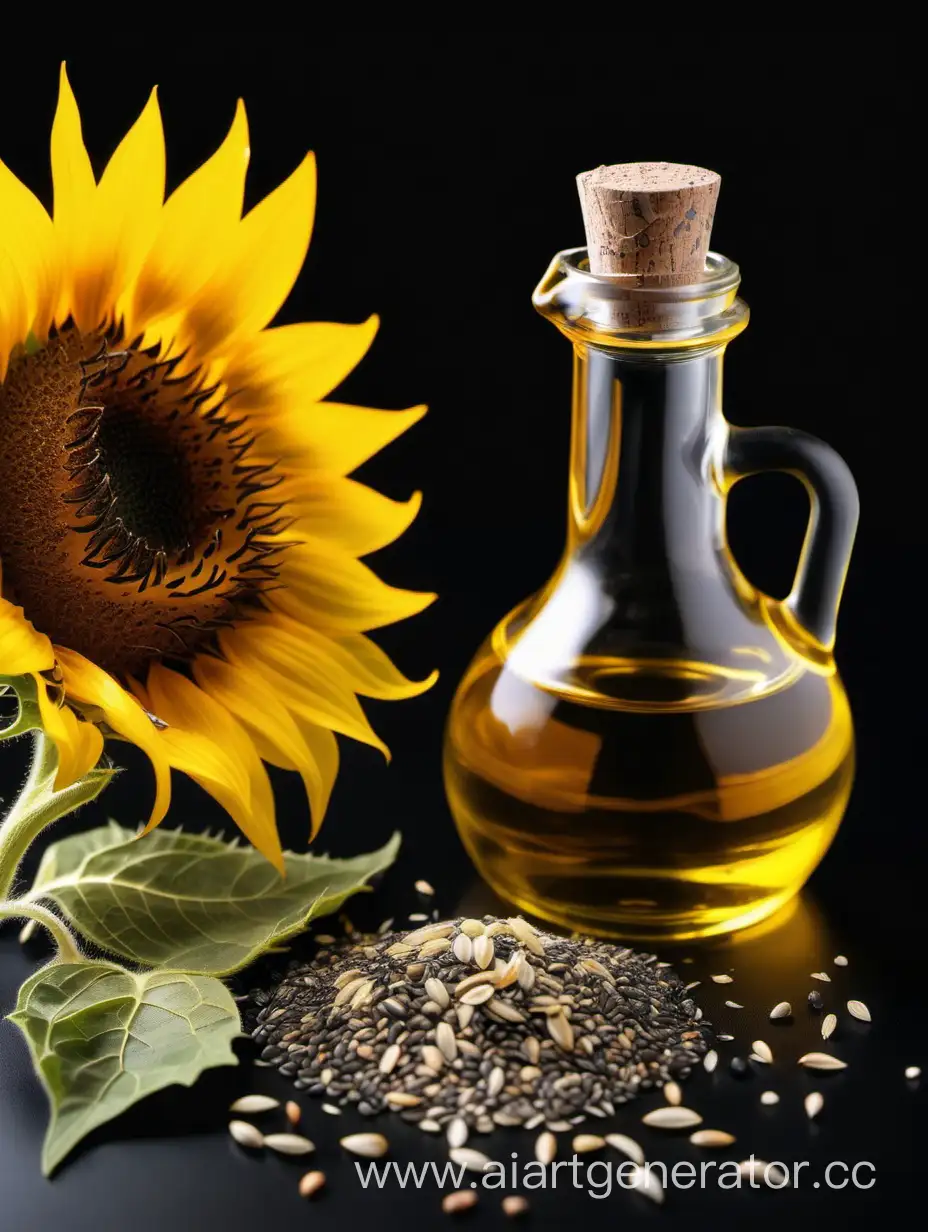 Sunflower-with-Oil-and-Seeds-on-Black-Background