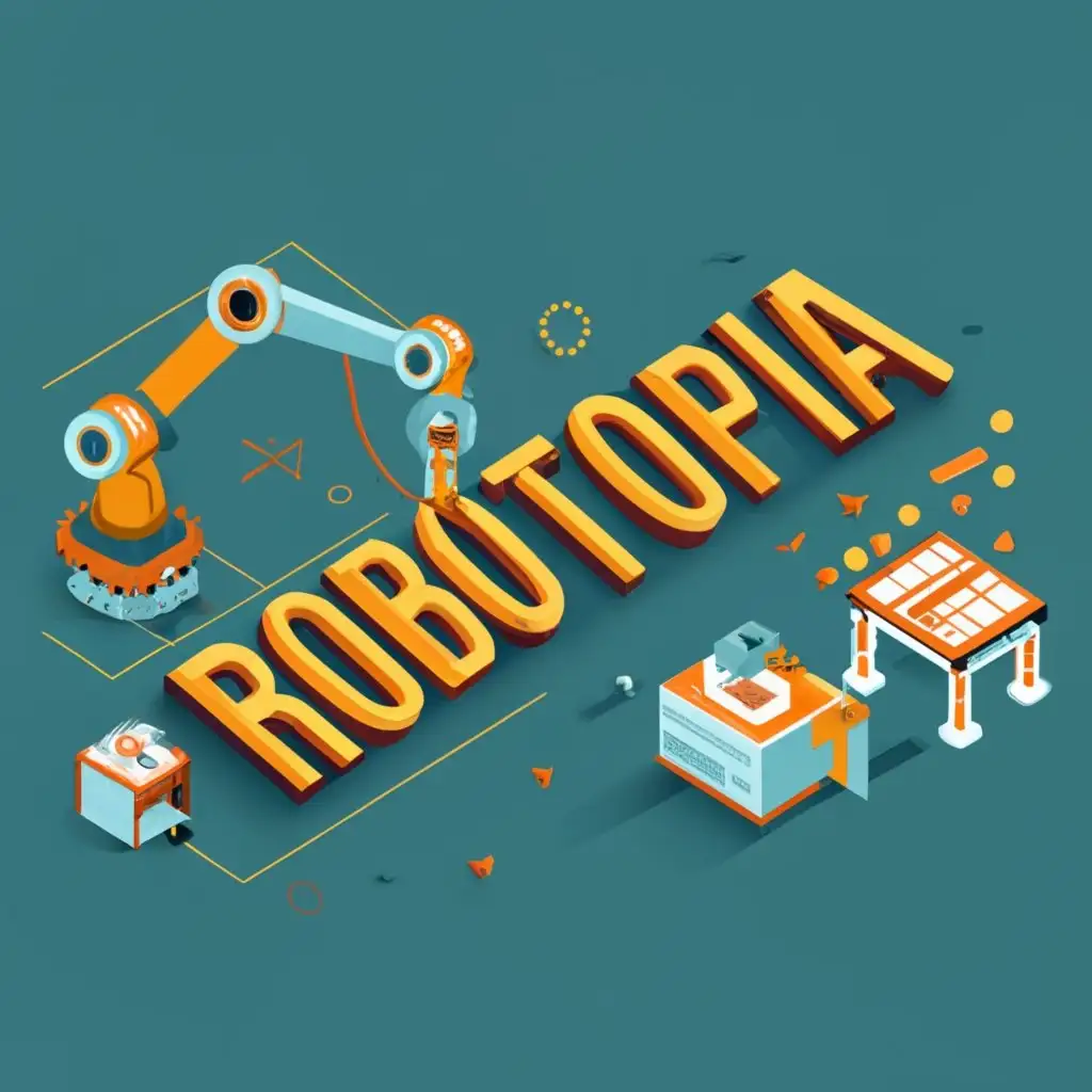 logo, robotic arm , 3d printer , cnc router, with the text "robotopia", typography