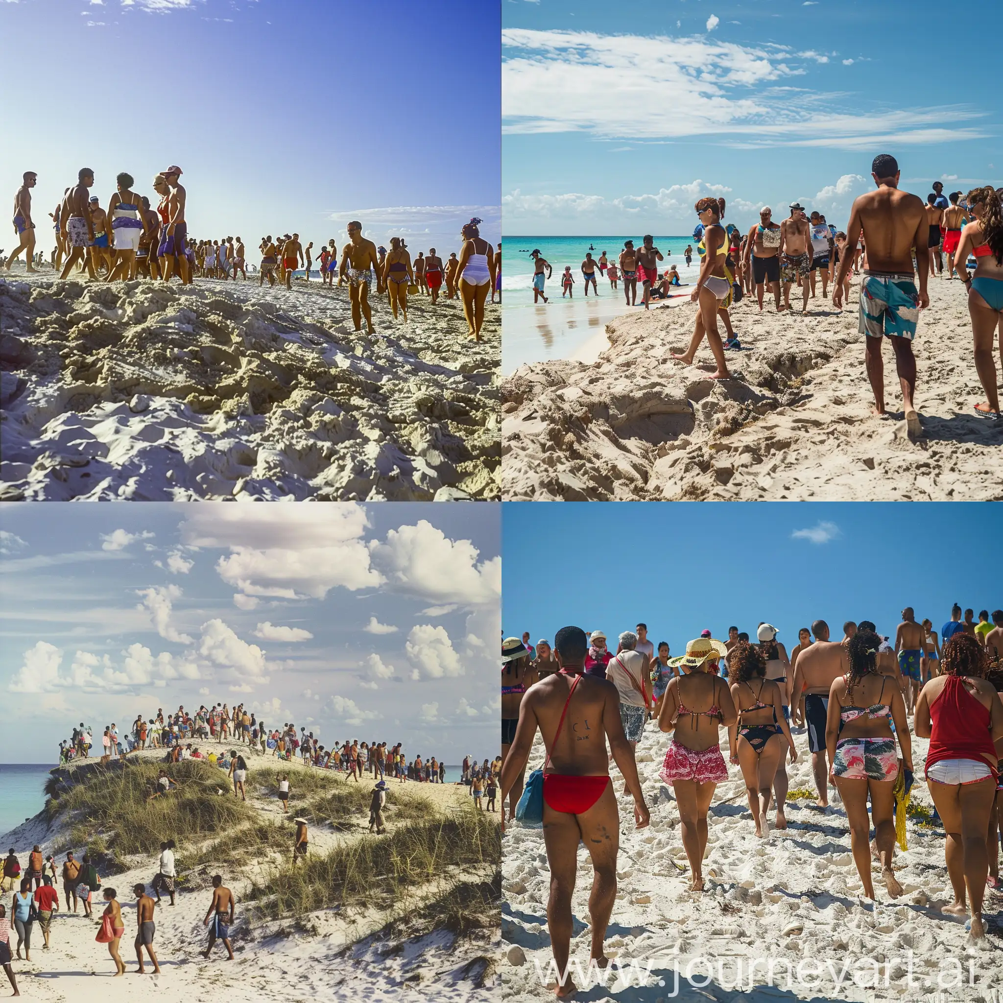a group of people walking on top of a sandy beach, varadero beach, people in beach, crowded beach, in a beachfront environment, holiday season, happy italian beach scene, the beach, wide image, cuba, jamaica, near the beach, italian beach scene, costa blanca, sandy beach, having a great time, beach in the foreground

